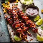 BBQ Beer Chicken Skewers with Avocado Corn and Feta Salsa Recipe