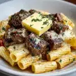 Garlic Butter Steak Tips with Cheesy Rigatoni Recipe