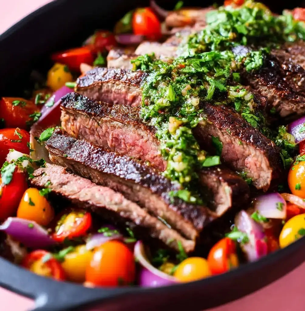 Skillet Flank Steak and Veggies with Chimichurri Sauce Recipe - Recipe Image