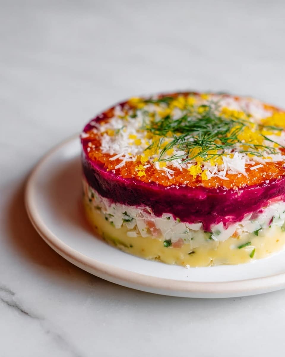 The dish is a round, layered salad on a white plate, placed on a white marbled surface. It has five visible layers: the bottom layer is light yellow with green bits, smooth and creamy; above it is a thin, bright orange layer that looks like small pieces or dots; the third layer is thicker and white with green specks, smooth in texture; the fourth layer is a vibrant, deep purple with a slightly rough and grainy look; the top layer is divided into three parts with grated white, bright yellow, and green herb garnish in the center. The overall look is colorful and fresh, with clear, distinct layers. photo taken with an iphone --ar 4:5 --v 7