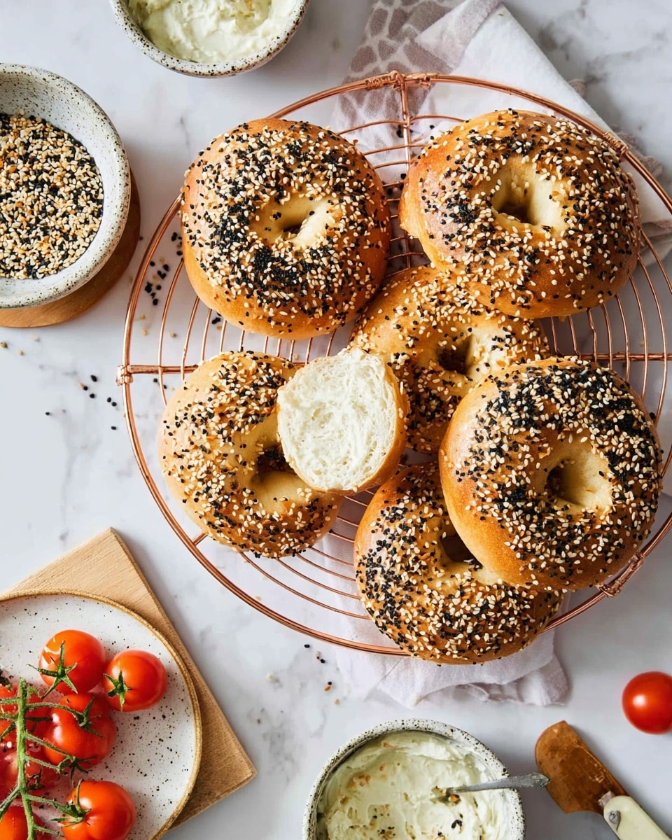 Five golden brown bagels covered in a mix of white and black sesame seeds are arranged on a round copper wire cooling rack placed on a white marbled surface. One bagel is cut open showing its soft, light beige inside with a smear of creamy spread. A small round bowl with a matching speckled pattern sits nearby, filled with more sesame seeds on a wooden coaster. Bright red cherry tomatoes with green stems are scattered on the surface near the bottom left. In the lower part of the image, a white plate holds torn pieces of bagel with seeds on top. Nearby, an open bowl filled with cream cheese, along with a spreading knife with a light wooden handle, completes the scene. Photo taken with an iphone --ar 4:5 --v 7