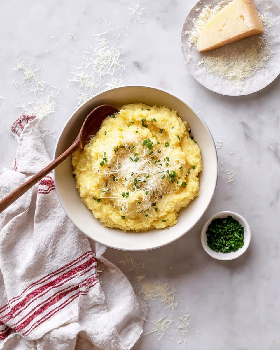 A white bowl filled with creamy yellow polenta topped with grated white cheese and small green chives, with a wooden spoon resting inside the bowl on the left side. To the top right, there is a small white plate holding a wedge of pale yellow cheese sitting on some grated cheese. Below that, a small white bowl contains more chopped green chives. A white cloth with red stripes is placed on the white marbled surface, partly underneath the bowls. The overall setting is bright and airy. photo taken with an iphone --ar 4:5 --v 7