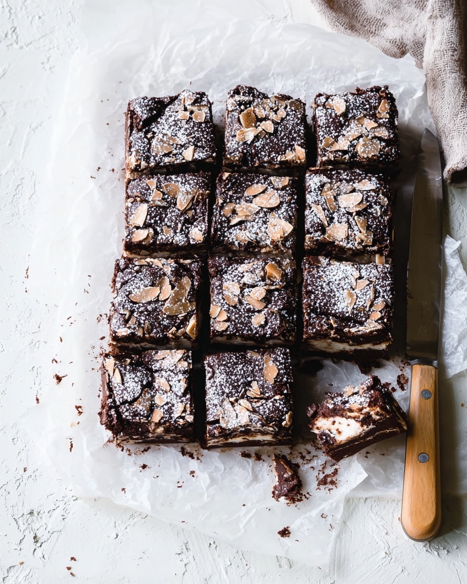 This image shows a tray of cut chocolate dessert squares arranged in a 5x5 grid on white parchment paper, placed on a white marbled surface. Each square has a cracked, dark chocolate top layer sprinkled with small pieces of slivered almonds and a light dusting of powdered sugar. Beneath the chocolate layer is a visible creamy white layer, adding contrast. To the right of the dessert squares lies a knife with a light wooden handle. One square is pulled slightly away from the tray, showing the moist texture of the dessert. The overall look is rustic with some crumbs scattered around. photo taken with an iphone --ar 4:5 --v 7