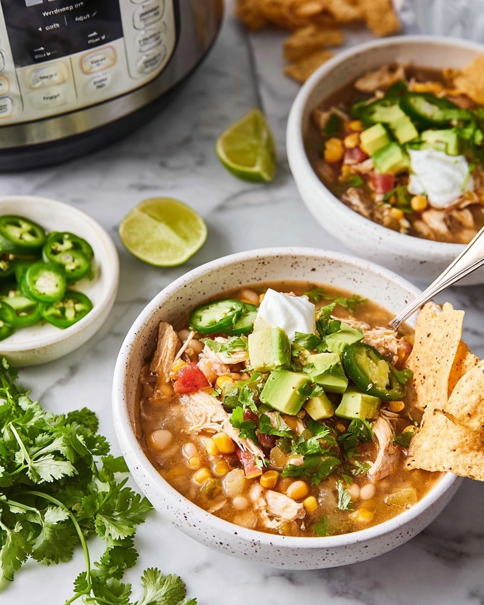 A white speckled bowl filled with a soup consisting of three visible layers: the bottom layer is a light brown broth with chunks of white beans, corn, and shredded cooked chicken scattered throughout; the middle layer is a mix of diced tomatoes and green peppers adding pops of red and green; the top layer is garnished with bright green diced avocado cubes, several slices of fresh jalapeño, a dollop of white sour cream, fresh green cilantro leaves, and a few lightly seasoned crispy tortilla chips leaning on the side. A silver spoon rests inside the bowl on the right. The bowls are set on a white marbled surface with fresh cilantro sprigs, lime wedges, and a black instant pot partially visible in the background. Photo taken with an iphone --ar 4:5 --v 7