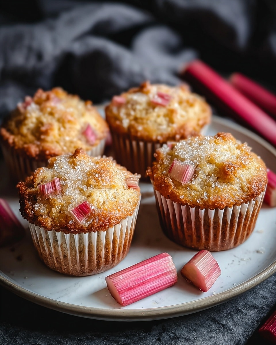 Four golden-brown muffins are placed closely together on a white plate, each with a dome-shaped top sprinkled with white sugar crystals. Small pink and white rhubarb pieces are scattered on the tops of the muffins and also around the plate. The muffin wrappers are white with visible brown spots showing through the batter. The plate sits on a white marbled surface, and in the background, there is a dark grey cloth out of focus. photo taken with an iphone --ar 4:5 --v 7