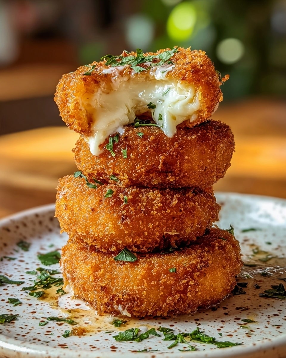A stack of four round, golden brown, crispy fried cheese croquettes with a crunchy texture sits on a white plate speckled with brown dots, placed on a wooden surface. Each croquette shows a creamy white cheese filling that oozes slightly out of a bite or crack on the side. Fresh green herbs are sprinkled on top of the croquettes and scattered around the plate to add a pop of color. The background is softly blurred with warm light, focusing on the detailed texture of the crispy outer layer and the smooth, melty cheese inside. photo taken with an iphone --ar 4:5 --v 7