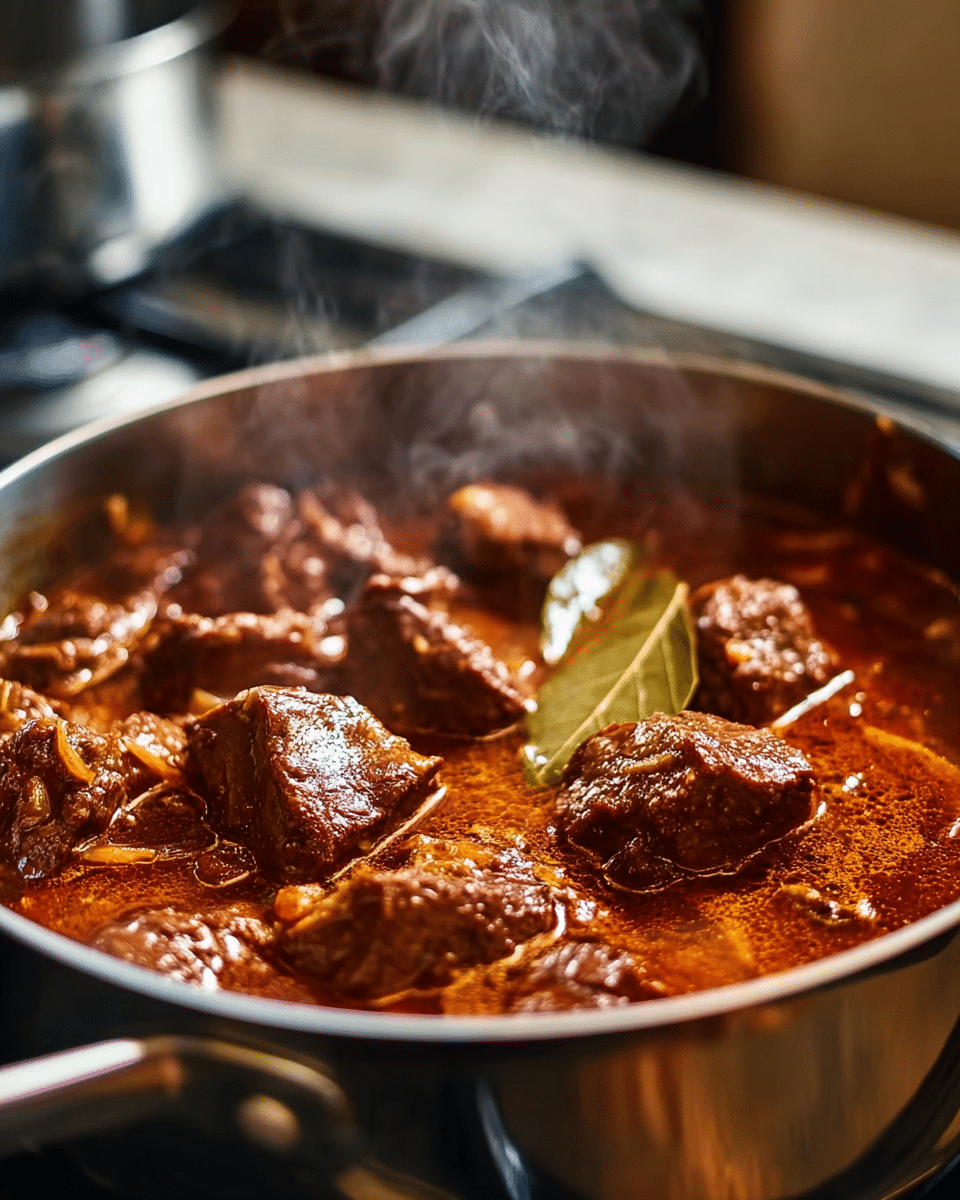 The image shows a close-up of a stainless steel pan filled with a rich, thick stew. Large chunks of brown, tender meat are immersed in a deep reddish-brown sauce that looks both oily and glossy, with visible bits of cooked onion and spices. A whole bay leaf floats on top, adding a touch of green color. Steam rises gently from the pan, suggesting the stew is hot and freshly cooked. The pan sits on a stove with a white marbled texture background softly blurred. Photo taken with an iphone --ar 4:5 --v 7