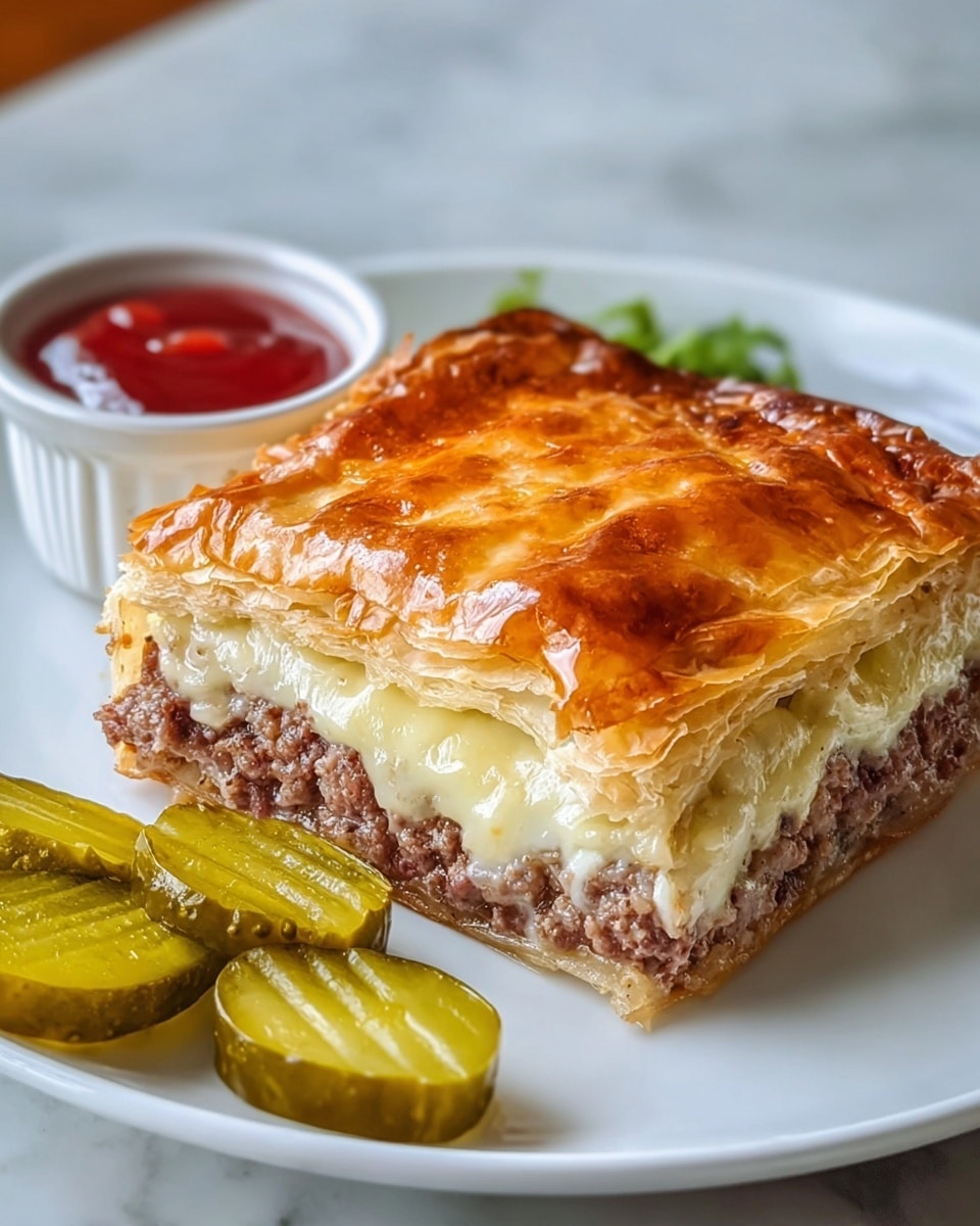 A square slice of layered meat pie sits on a white plate, showing three distinct layers: a golden-brown, flaky top crust with a shiny, slightly bubbled cheese layer; a middle layer of cooked, crumbled ground meat mixed with melted white cheese; and a bottom layer of a firm, lightly browned pastry crust. On the edge of the plate, there are two whole pickles with a greenish-yellow color next to a small white dish holding red ketchup. The setup is on a white marbled surface. photo taken with an iphone --ar 4:5 --v 7