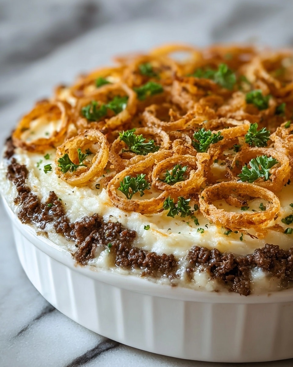 The dish is a layered casserole served in a white ceramic round dish. The bottom layer is creamy white mashed potatoes with a smooth texture. Above that is a layer of cooked ground beef, dark brown and crumbly, unevenly spread. The top layer is golden-brown crispy fried onions arranged in curly rings covering the meat, with a few green parsley leaves scattered on top for color contrast. The dish is placed on a white marbled surface. photo taken with an iphone --ar 4:5 --v 7