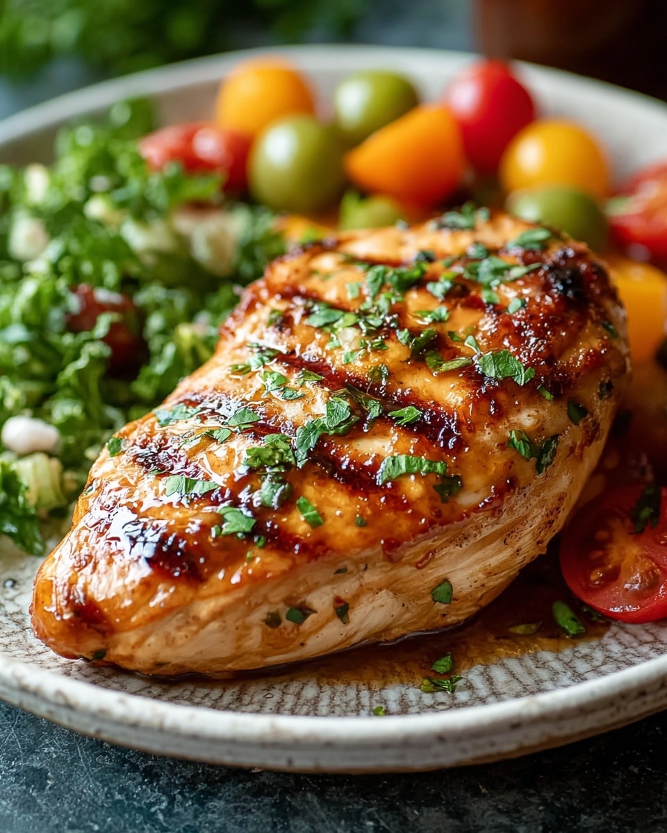 A close-up view of a single grilled chicken breast with brown grill marks and shiny glaze on top, sprinkled with chopped green herbs. The chicken sits on a white plate with a textured edge, surrounded by a mix of chopped green leafy vegetables and bright, multicolored cherry tomatoes in red, orange, yellow, and green. The background is a white marbled texture. The lighting highlights the juicy and tender texture of the chicken breast. photo taken with an iphone --ar 4:5 --v 7