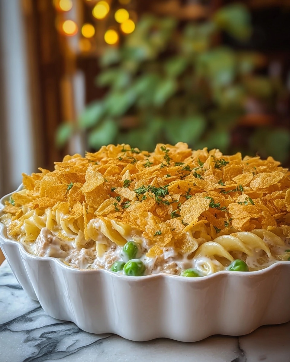A white scalloped ceramic dish filled with a creamy pasta casserole showing three main layers: at the bottom, visible pieces of tender white meat mixed with green peas and pasta coated in a thick white sauce; the middle layer is made up of curly pasta noodles smoothly covered in the creamy sauce; the top layer is a crispy golden-brown crust created by crumbled yellow cornflakes evenly scattered over the dish, with some small green herb bits sprinkled throughout. The dish is placed on a white marbled surface with blurred green plants and warm indoor lighting in the background. Photo taken with an iphone --ar 4:5 --v 7