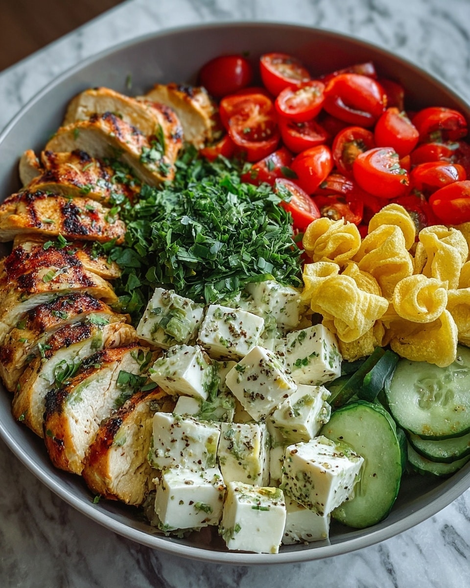 A round bowl filled with six distinct sections of food arranged neatly, starting with golden-brown grilled chicken slices on the left, followed by bright green chopped herbs near the top center, juicy red cherry tomato halves on the top right, small yellow fried snacks on the middle right, fresh dark green cucumber chunks on the bottom right, and creamy white cubes of seasoned cheese in the center, all sprinkled with green herbs and black pepper, the bowl placed on a white marbled surface. photo taken with an iphone --ar 4:5 --v 7