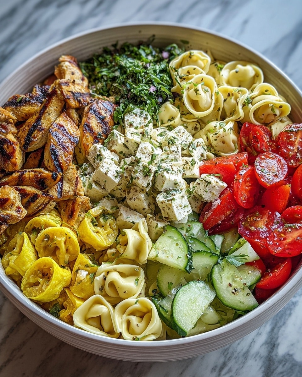 A deep bowl holds a colorful layered salad arranged in sections: grilled golden-brown chicken pieces on the left with char lines, next to dark green chopped herbs, bright red tomato wedges with a shiny surface and sprinkled herbs, vibrant yellow roasted or boiled squash chunks, fresh cut cucumber pieces with dark green skin and light green inside, light yellow folded tortellini pasta with herbs sprinkled, and a center pile of white feta cheese cubes covered with herbs and black pepper. The bowl is white with a simple texture and sits on a white marbled surface. photo taken with an iphone --ar 4:5 --v 7