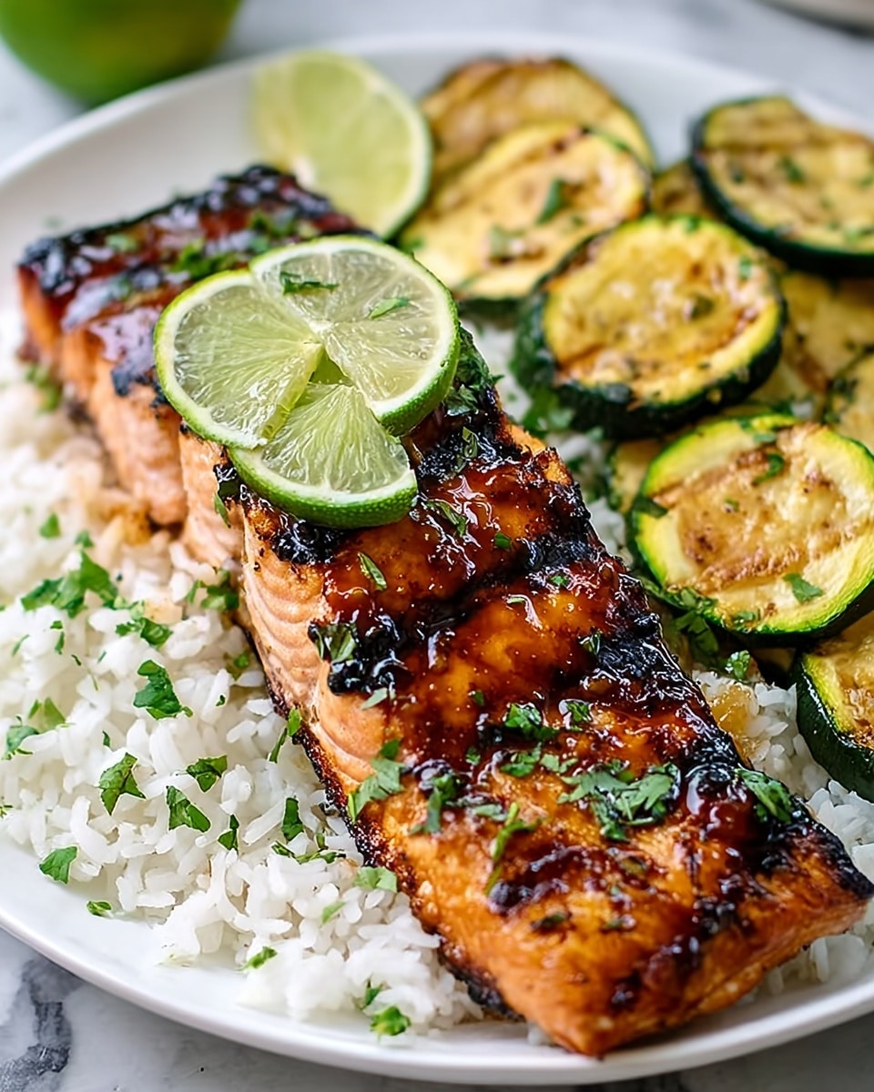 A grilled salmon fillet with charred, dark brown grill marks and a shiny, glazed surface sits on a bed of white rice on a white plate. The salmon is garnished with bright green chopped herbs and topped with thin lime wedges. Next to the salmon, there are grilled zucchini slices with a light char, showing yellow and green colors. The plate is placed on a white marbled surface. Photo taken with an iphone --ar 4:5 --v 7