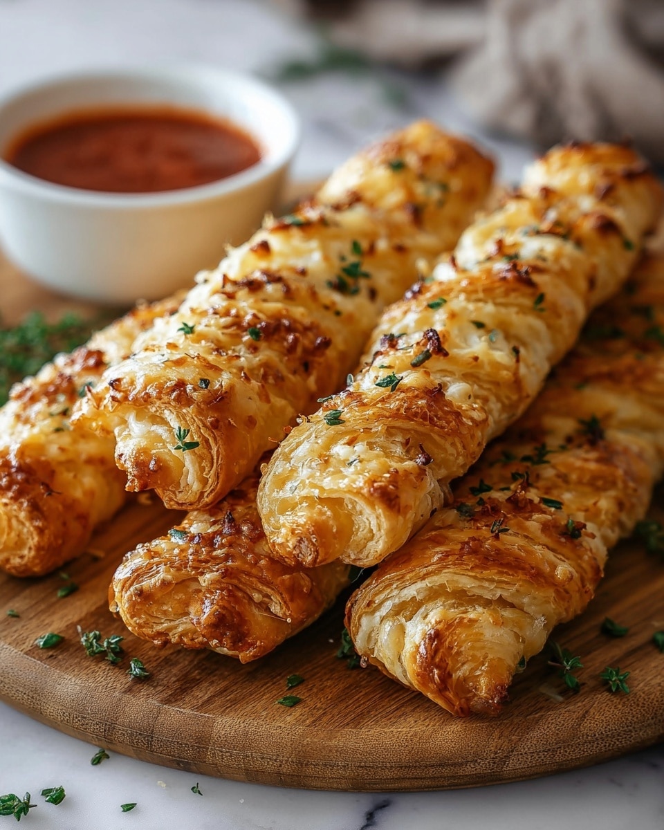 The image shows four golden-brown puff pastry sticks on a round white plate with a wooden texture. Each stick has many layers, with a flaky and crispy texture, sprinkled with small bits of melted cheese and herbs, giving a slightly rough and uneven surface. Tiny green herb pieces are scattered on and around the pastries. In the background, a white bowl with red sauce is partly visible, and the whole scene is set on a white marbled surface. Photo taken with an iphone --ar 4:5 --v 7