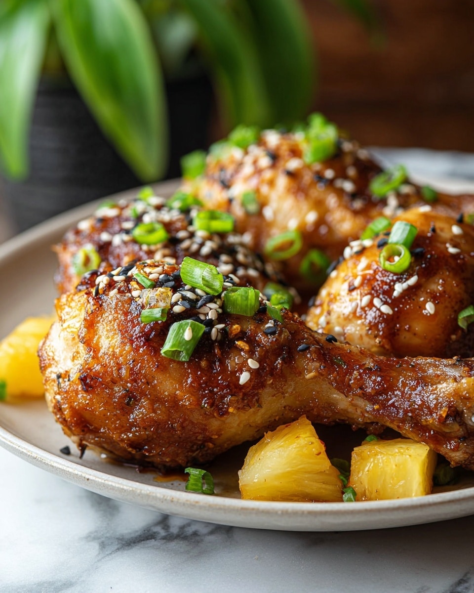 The image shows three pieces of cooked chicken drumsticks with crispy brown skin, placed closely together on a white plate. Each drumstick is topped with a sprinkling of white and black sesame seeds and small, bright green chopped scallions. There are a few yellow pineapple chunks placed around the chicken, adding a splash of color. The plate sits on a white marbled surface, with a blurred green plant in the background. The chicken looks juicy with a slight glaze, highlighting the texture. photo taken with an iphone --ar 4:5 --v 7
