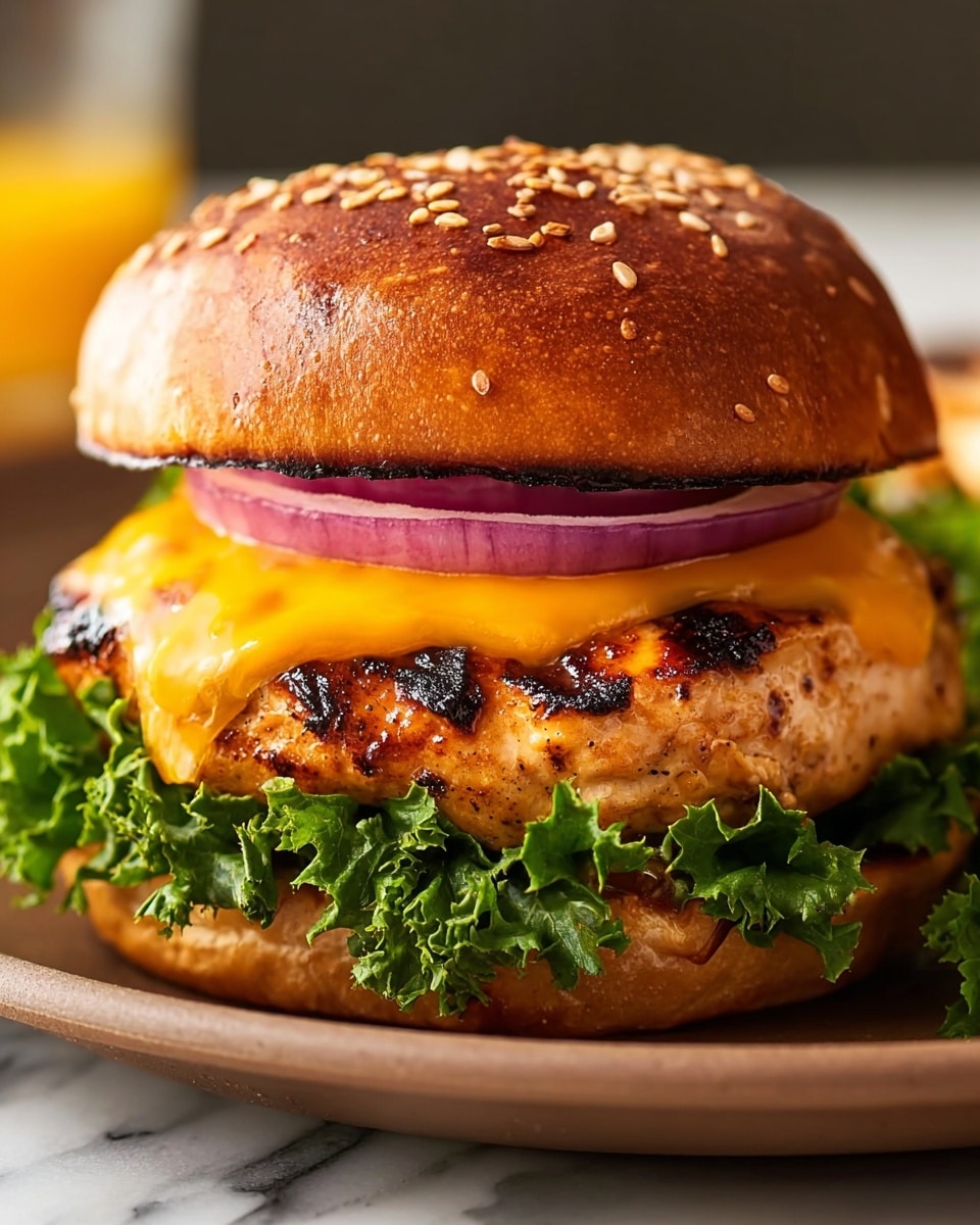 A grilled chicken burger shown in close-up with a white sesame seed bun on top, lightly browned with dark grill marks. Beneath the bun is a thick slice of red onion, followed by a slice of melted bright orange cheddar cheese draped over a juicy grilled chicken patty that has a slightly charred, textured surface. Below the patty is a layer of fresh, curly green lettuce with visible veins, resting on the bottom half of a toasted bun that is golden brown. The burger sits on a white plate with a white marbled surface in the background. photo taken with an iphone --ar 4:5 --v 7