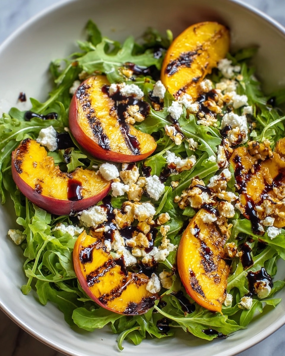 A white bowl filled with a fresh salad showing three layers: the bottom layer is bright green arugula leaves with a slightly rough texture, the middle layer has grilled peach slices with deep orange-yellow flesh and charred dark brown grill marks, and the top layer is sprinkled with small, white crumbled goat cheese and drizzled with a dark balsamic glaze. The salad is full and colorful, with the grilled peaches standing out against the green arugula and white cheese, all resting on a white marbled surface. Photo taken with an iphone --ar 4:5 --v 7