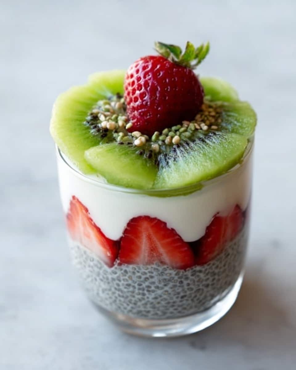 The image shows a clear glass filled with three distinct layers of dessert. The bottom layer is a thick, grayish chia seed pudding with a textured look. The middle layer contains sliced red strawberries, arranged around the inside of the glass to show their fresh, juicy flesh. Above that is a smooth, creamy white yogurt or mousse layer. On top, there are bright green kiwi slices neatly placed in a circle. In the center of the kiwi circle sits a single whole red strawberry with a small green leaf on top. Some small seeds are sprinkled over the kiwi slices. The glass sits on a white marbled surface. Photo taken with an iphone --ar 4:5 --v 7