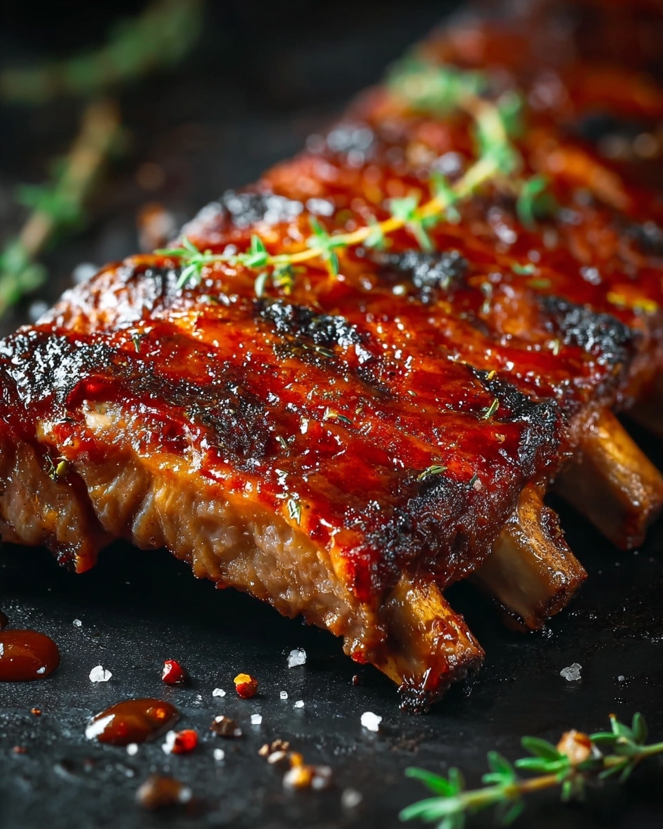 A rack of grilled ribs with a shiny reddish-brown sauce covering the top layer, showing charred and caramelized marks scattered across the surface. The ribs are placed on a dark surface with visible grill marks on the bones sticking out at the bottom, which are slightly burnt at the edges. Small green herb sprigs are placed on top for garnish, adding some contrast to the rich colors of the meat and glaze. Drops of sauce and tiny spice granules are scattered around the ribs, giving a fresh, just-cooked look. photo taken with an iphone --ar 4:5 --v 7