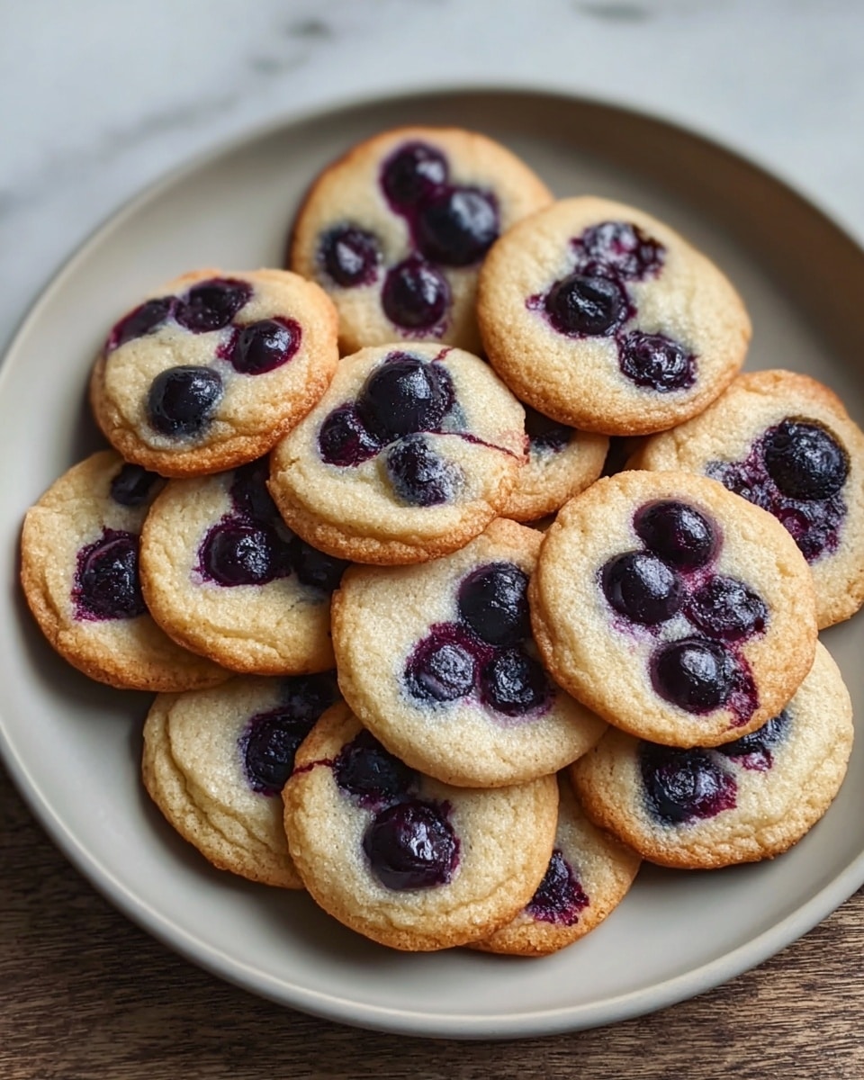 A round white plate holds a pile of around a dozen small blueberry cookies with a light golden-brown crust. Each cookie is thin with slightly crispy edges and soft centers, showing two to three deep purple-blue whole blueberries embedded on top, with some melted blueberry juice creating dark purple stains on the pale dough. The cookies overlap unevenly, creating a casual, inviting look. The plate sits on a white marbled surface. photo taken with an iphone --ar 4:5 --v 7