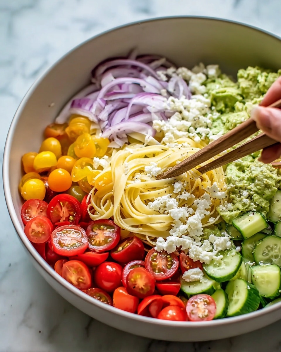 The image shows a white bowl filled with a colorful layered salad. The first layer is light yellow cooked pasta at the bottom, topped with slices of bright red cherry tomatoes on the right side. Next, there are cut slices of cucumber with dark green skin and pale green centers arranged towards the left. In the center, there is a chunky green guacamole layer with white crumbled cheese sprinkled on top along with some black pepper. Thin slices of light purple onion are placed near the top right. A woman's hand holding wooden tongs is picking up some of the salad from the bowl. The bowl sits on a white marbled surface. photo taken with an iphone --ar 4:5 --v 7
