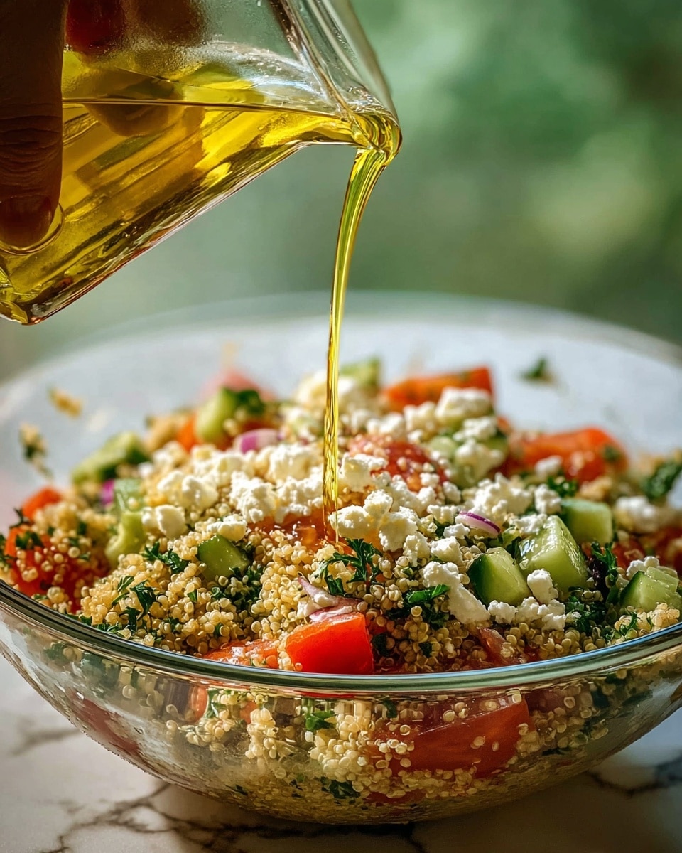 A clear glass bowl features a colorful quinoa salad with visible layers of small, round, light brown quinoa grains mixed with chopped green herbs, bright red and orange diced bell peppers, and small chunks of white feta cheese scattered on top. A woman's hand is pouring a golden oil dressing from a glass jar over the salad. The background is softly blurred with green tones, and the bowl sits on a white marbled surface. The salad appears fresh and vibrant with a mix of textures from the grainy quinoa, soft cheese, crisp vegetables, and oily dressing. photo taken with an iphone --ar 4:5 --v 7