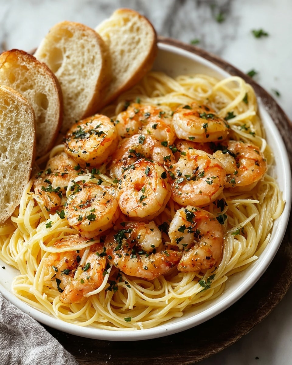 The image shows a dish with two main layers served in a white bowl on a white marbled surface. The bottom layer is a nest of pale yellow spaghetti noodles, smooth and slightly shiny. On top, there are around a dozen cooked shrimp, light orange with a slight char and sprinkled with small green herb pieces. The shrimp are curled and arranged closely together. In the background, there is a slice of lemon and some bread pieces, adding a rustic touch. The photo taken with an iphone --ar 4:5 --v 7