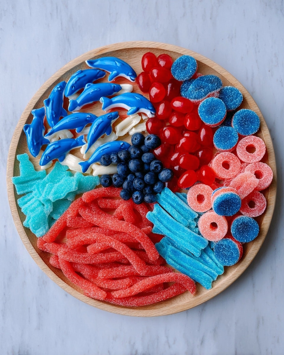 A round wooden board is filled with a mix of colorful candies arranged in sections. Starting from the bottom, there are long, twisted red strips coated with sugar. Above them, light blue candy sticks lie horizontally. In the middle, blue and white gummy dolphins are spread out alongside smaller blue jelly beans. Near the top center, bright red jelly beans are clustered next to blue half-circle gummies with white centers. To the right, blue and pink ring-shaped candies sit next to more blue jelly beans and red fish-shaped gummies. On the left side, red and blue circle-shaped gummies with white bones inside are placed near some dark blue round candies and red oval-shaped gummies. The candies rest on a light wooden board, all set on a white marbled surface. photo taken with an iphone --ar 4:5 --v 7