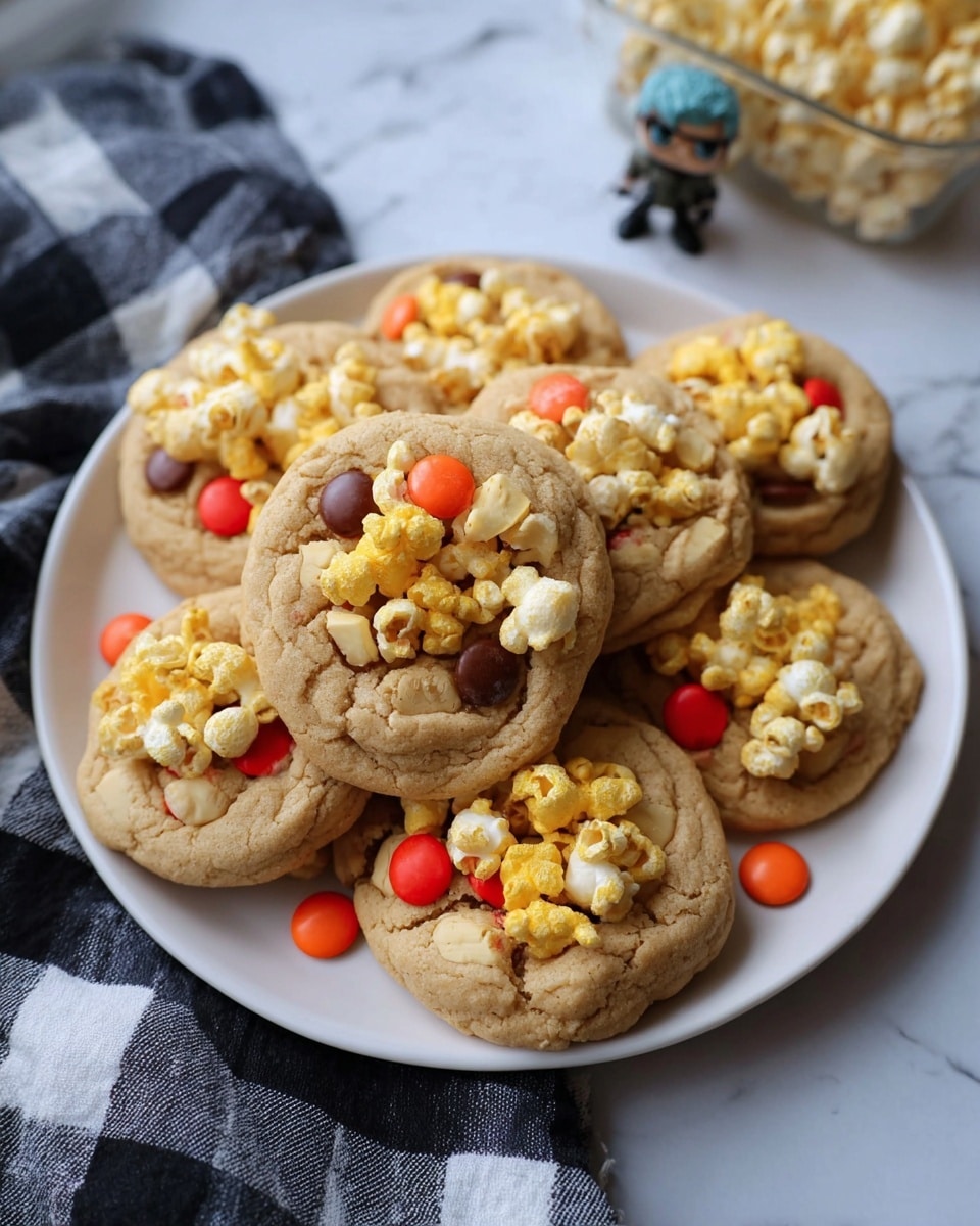 A white plate filled with about eight cookies topped with yellow popcorn pieces. The cookies are light brown with a soft, cracked texture and have colorful candy pieces in red, orange, and brown scattered inside. The plate is placed on a black and white checkered cloth, and a small toy figure stands nearby, all set on a white marbled surface. photo taken with an iphone --ar 4:5 --v 7