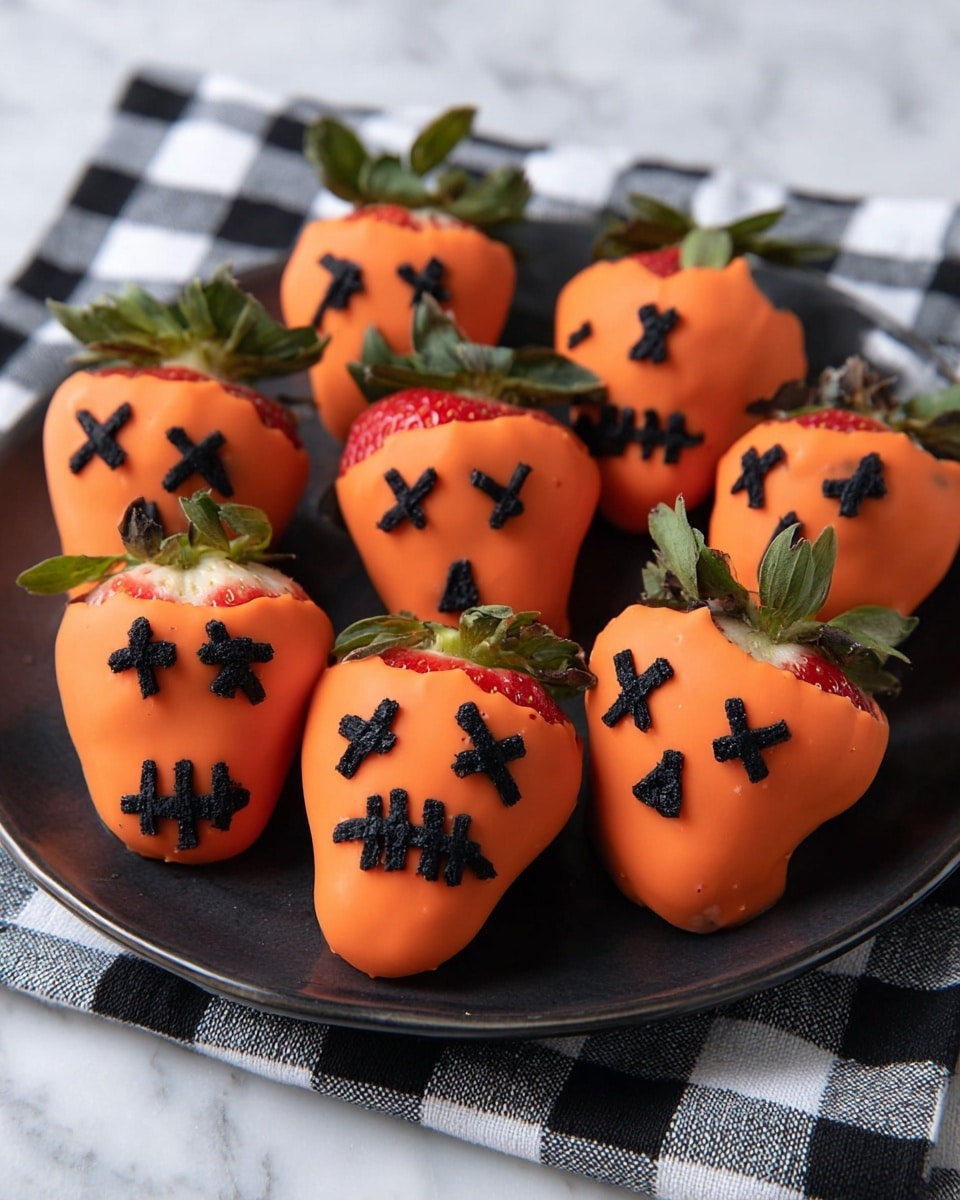 A black plate filled with one layer of large strawberries covered fully in smooth orange chocolate, each strawberry decorated with simple black icing in the shape of X eyes and vertical lines for a mouth, resembling cartoonish skull faces; the green strawberry leaves peek out at the top, adding a touch of natural green to the bright orange and black theme, all set on a black and white checkered cloth on a white marbled surface. photo taken with an iphone --ar 4:5 --v 7