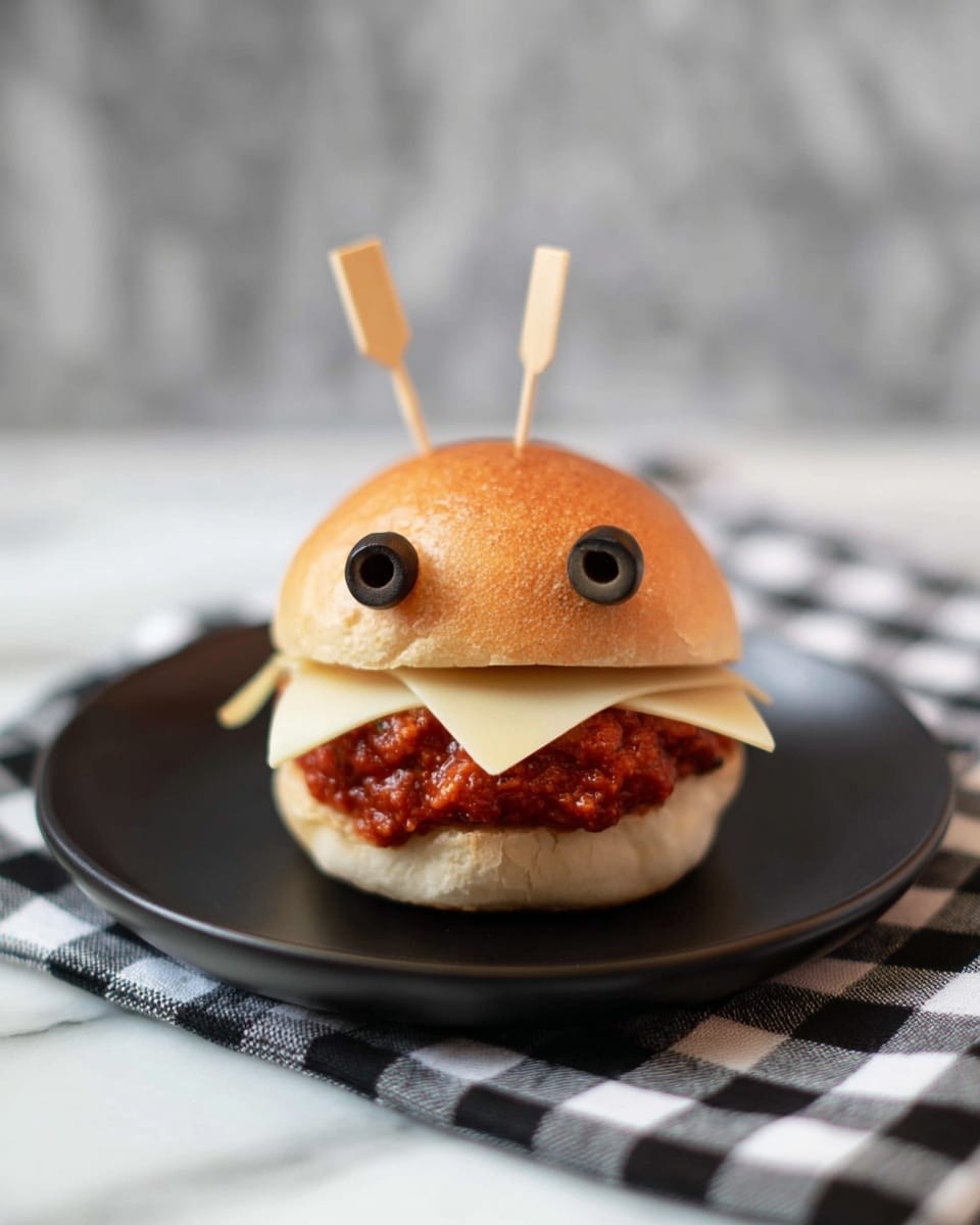 A small sandwich sits on a black plate over a black and white checkered towel on a white marbled surface. The sandwich has a soft light brown bun with two layers inside: a chunky red tomato sauce layer with visible herbs, topped by two thin light yellow cheese slices placed in a V shape pointing downwards. Two black olive slices are pierced on top of the bun with wooden toothpicks, standing upright like eyes. The background is softly out of focus. photo taken with an iphone --ar 4:5 --v 7