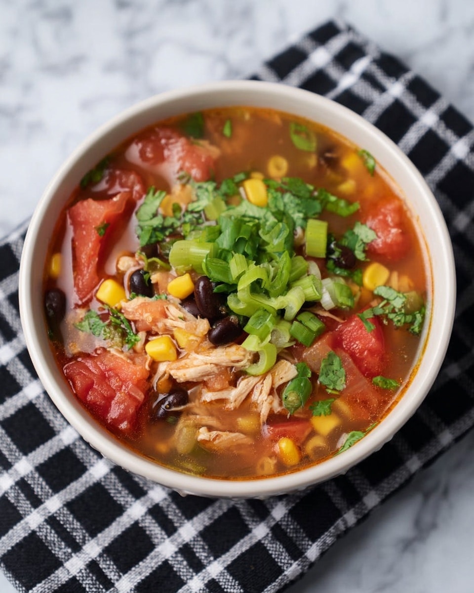 A close-up view of a bowl of soup served in a white bowl, filled with several layers of ingredients: a clear reddish broth at the bottom, large chunks of red tomatoes, light brown shredded chicken pieces, black beans, yellow corn kernels, and chopped white onions mixed throughout. On top, bright green sliced scallions and fresh green cilantro leaves are scattered, creating a fresh look. The bowl sits on a black and white checkered cloth on a white marbled textured surface. photo taken with an iphone --ar 4:5 --v 7