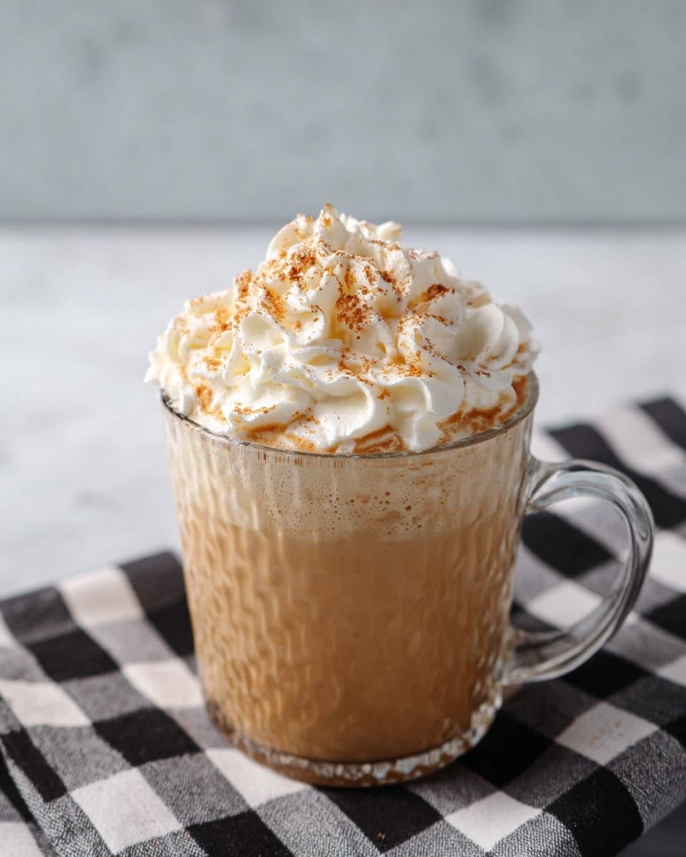 A clear textured glass mug filled with a light brown creamy drink, topped with one thick layer of white whipped cream that is swirled and sprinkled with light brown powder. The mug is placed on a black and white checkered cloth over a white marbled surface. Photo taken with an iphone --ar 4:5 --v 7