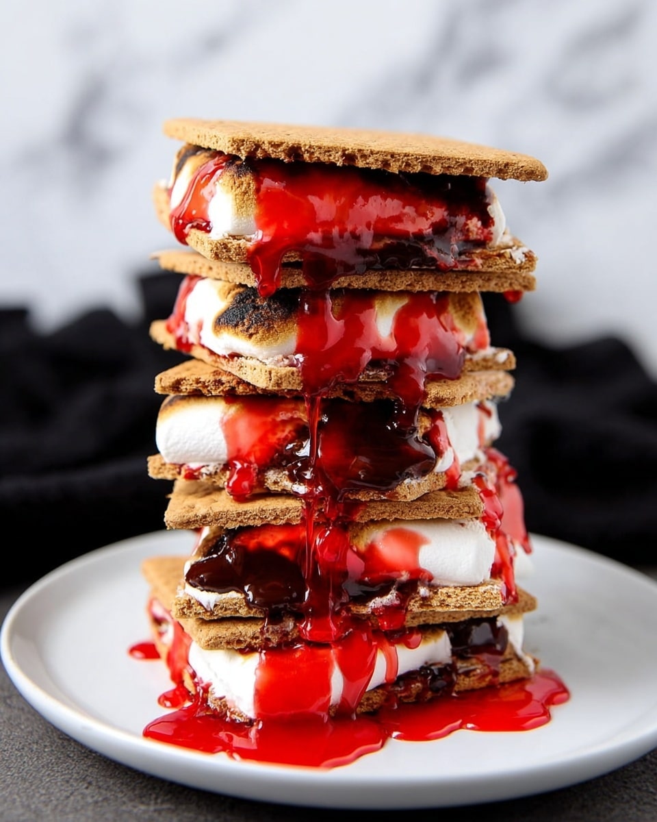 A tall stack of s'mores sits on a white plate, each layer made of a light brown graham cracker base topped with melted chocolate, golden toasted marshmallows, and bright red syrup dripping down the sides in thick streams. There are six visible layers, each showing the rough texture of the crackers and the soft, fluffy marshmallows with the shiny red sauce creating a striking contrast. The background has a white marbled texture with a black cloth out of focus behind the plate. The photo is taken with an iphone --ar 4:5 --v 7