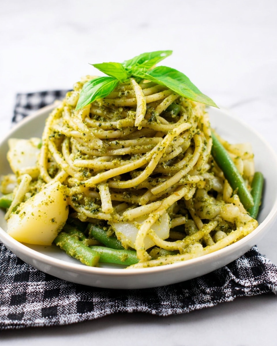 A round white plate holds a tall mound of spaghetti coated in green pesto sauce, mixed with green beans and chunks of white potatoes. The spaghetti strands are tangled and shiny, with small specks of green pesto all over. On top, a few fresh green basil leaves sit as garnish. The plate rests on a black and white checkered cloth on a white marbled surface. photo taken with an iphone --ar 4:5 --v 7