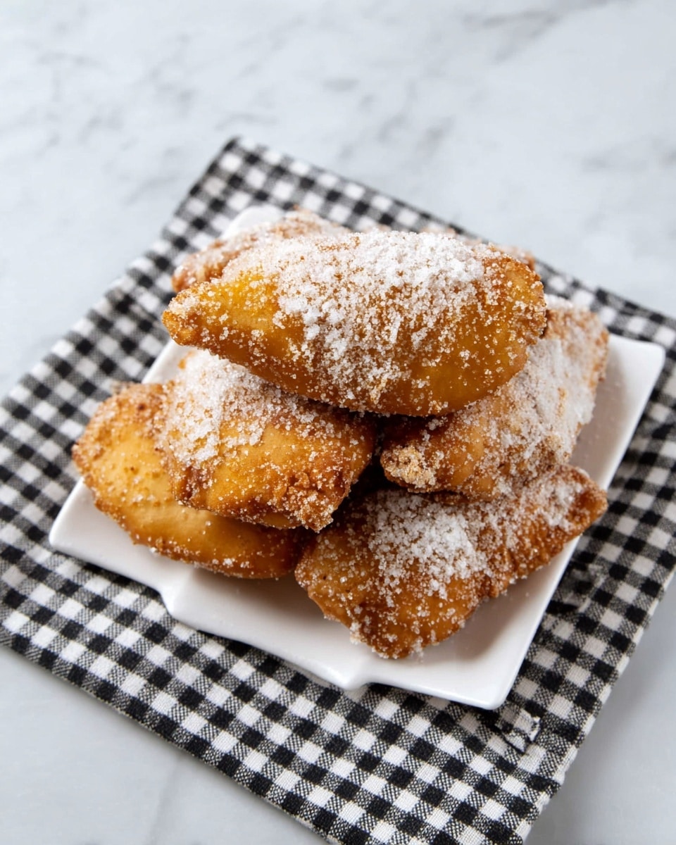 A white square plate holds five golden-brown fried pastries stacked in two layers, with three pastries on the bottom and two on top. The pastries have a rough, crispy texture and are heavily coated with a layer of white granulated sugar that clings unevenly to their surface. The plate sits on a black and white checkered cloth, which is placed on a white marbled textured surface. photo taken with an iphone --ar 4:5 --v 7