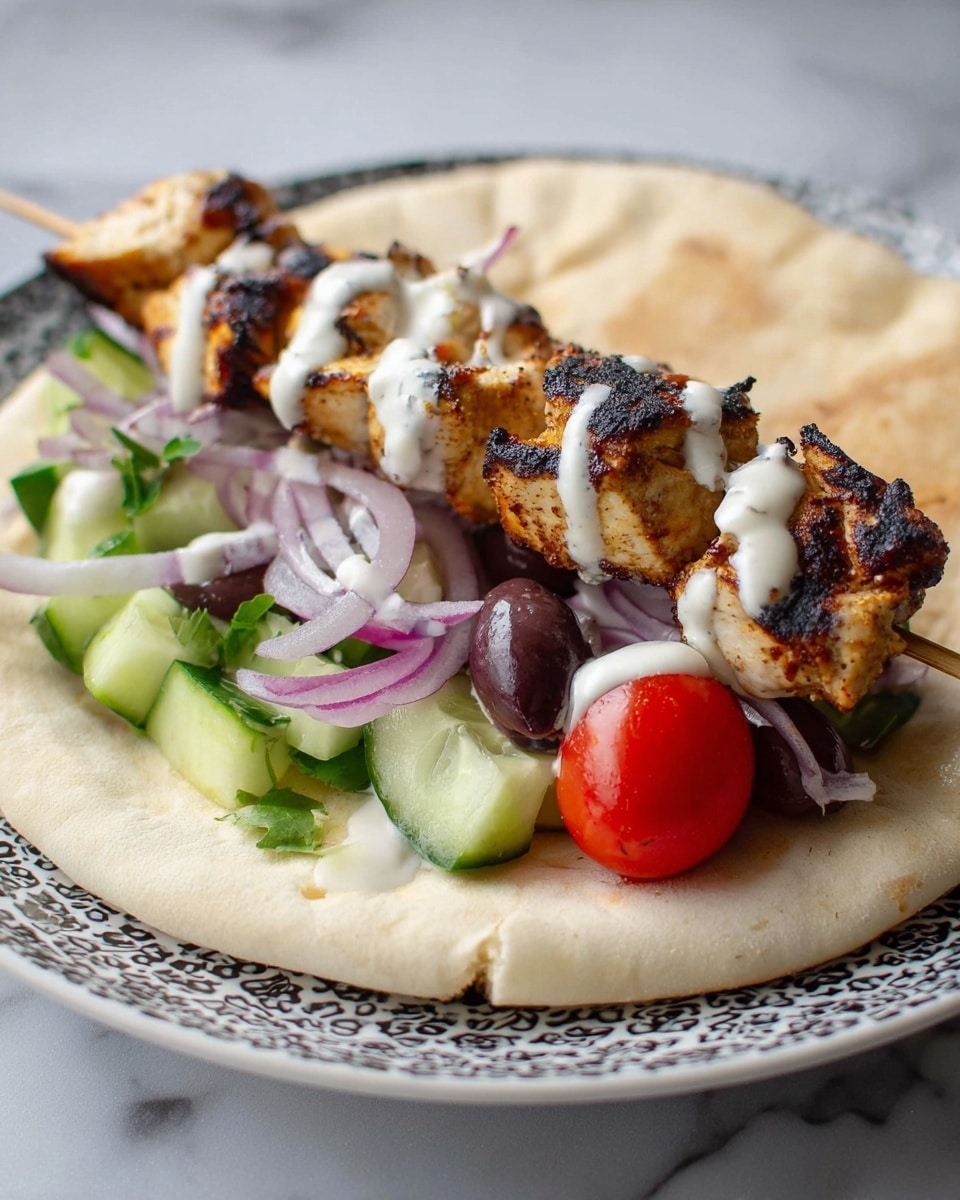 A grilled chicken skewer with a charred, golden-brown texture sits on top of a soft, slightly puffed light beige pita bread. Below the chicken, there are fresh chopped cucumber pieces in green, thick slices of red onion, shiny black olives, and two bright red grape tomatoes. A smooth white sauce is drizzled over the chicken and some vegetables. The dish is served on a white plate with a black pattern, placed on a white marbled surface. Photo taken with an iphone --ar 4:5 --v 7