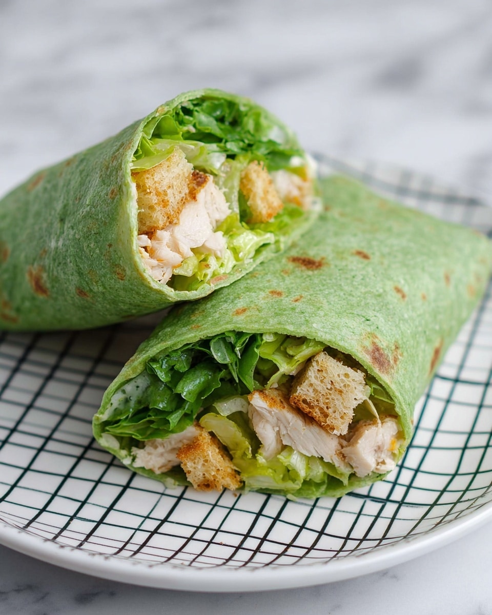 The image shows two halves of a wrap placed on a white plate with a black grid pattern, set on a white marbled surface. The wrap is green in color, likely a spinach tortilla, with a soft texture and small brown spots. Inside, the wrap has visible layers starting with a bright green leafy lettuce, followed by golden brown croutons that add a crunchy texture. There are also chunks of light beige cooked chicken and bits of pale yellow dressing mixed with the greens. The wrap is folded tightly, showcasing a clean cross-section of the fresh and crispy ingredients inside. photo taken with an iphone --ar 4:5 --v 7