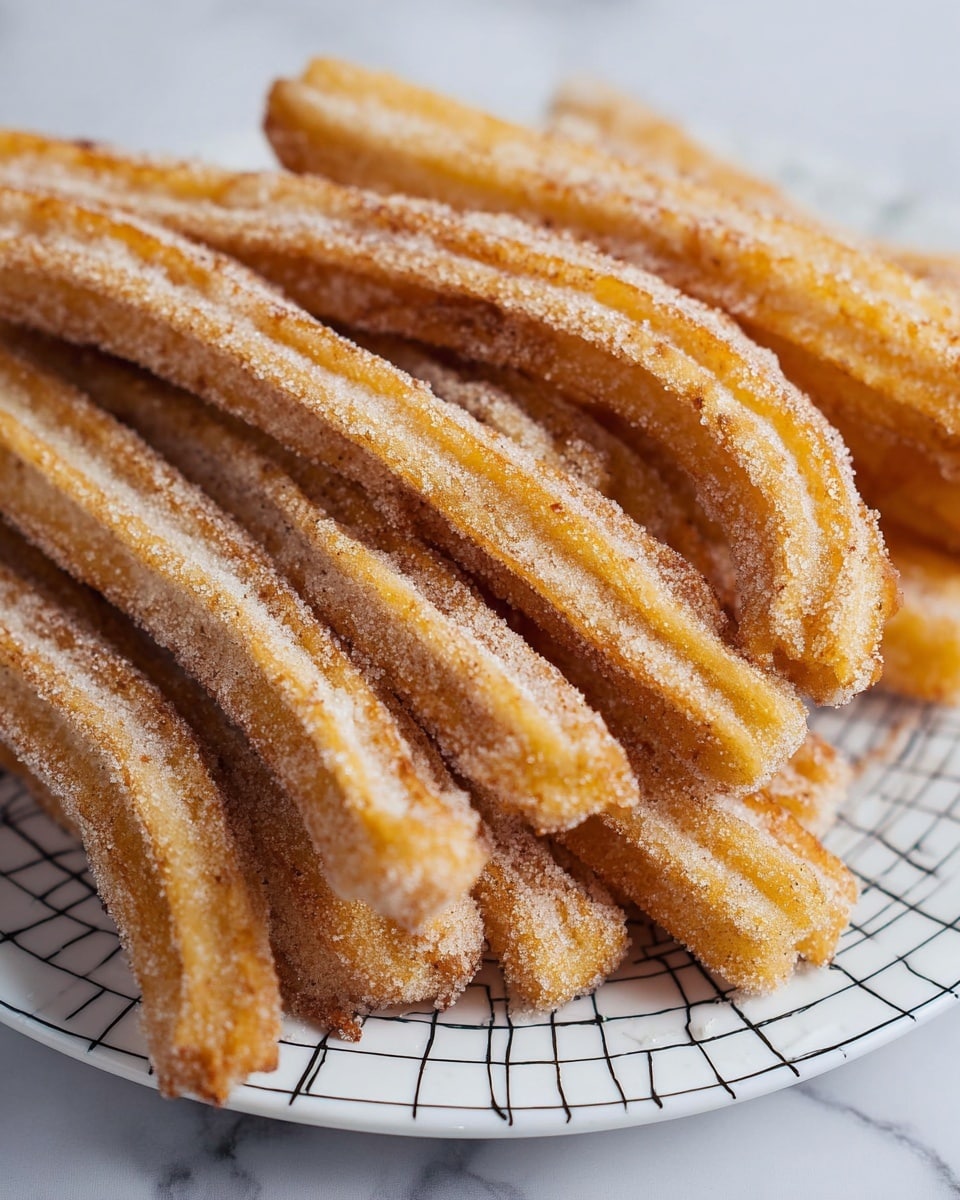 A white plate with black grid lines holds a pile of golden-brown churros coated thickly in sugar. The churros show a crispy, ridged texture and are stacked in a slightly overlapping way, filling the plate fully. The background is a white marbled texture, providing a clean, bright contrast to the warm tones of the churros. photo taken with an iphone --ar 4:5 --v 7