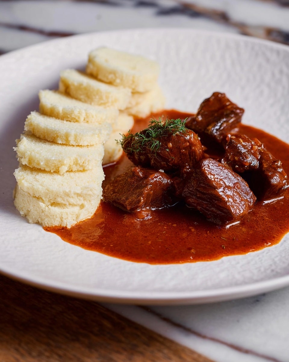 A white plate holds two main layers: on the left side, there are five pieces of light beige, soft-textured, round bread slices neatly stacked; on the right side, there is a rich, thick, dark reddish-brown sauce covering and surrounding several chunks of tender brown meat with a glossy surface. The plate is placed on a white marbled texture surface. photo taken with an iphone --ar 4:5 --v 7