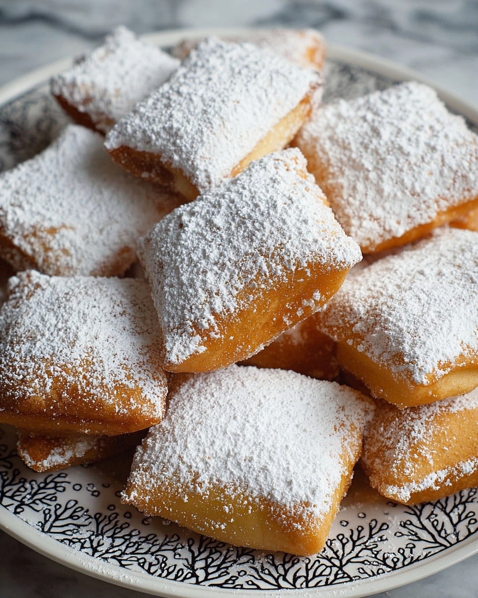 The image shows a plate full of square-shaped fried dough pieces, each topped generously with white powdered sugar. The dough pieces have a golden-brown outer layer that looks crispy, while the powdered sugar adds a soft, snowy texture on top. The pieces are slightly puffy, with smooth edges and some light uneven spots that show the fried texture. The plate is white with a black coral-like pattern, and the background is a white marbled surface. The dough squares are stacked in a scattered way, filling most of the plate. photo taken with an iphone --ar 4:5 --v 7
