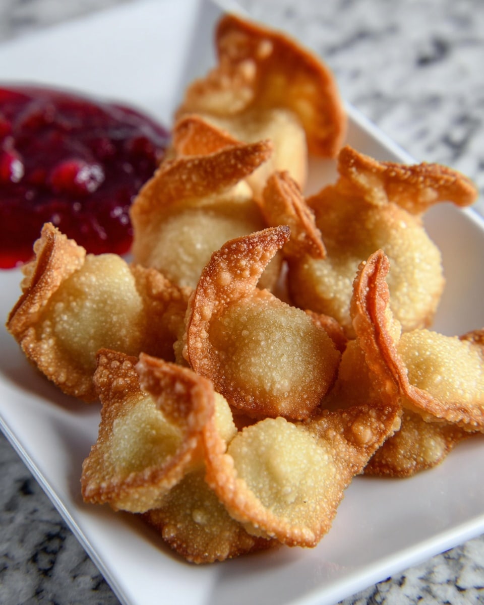 A white rectangular plate holds five golden brown fried wontons arranged in a slightly overlapping cluster. Each wonton has a crispy, bubbly texture with a light to medium brown crispness on the edges, while the inner parts show a softer, lighter golden color with some slight folds and curves. Behind the wontons on the plate is a serving of glossy, deep red dipping sauce with a chunky texture. The dish sits on a white marbled surface that softly reflects some light. photo taken with an iphone --ar 4:5 --v 7