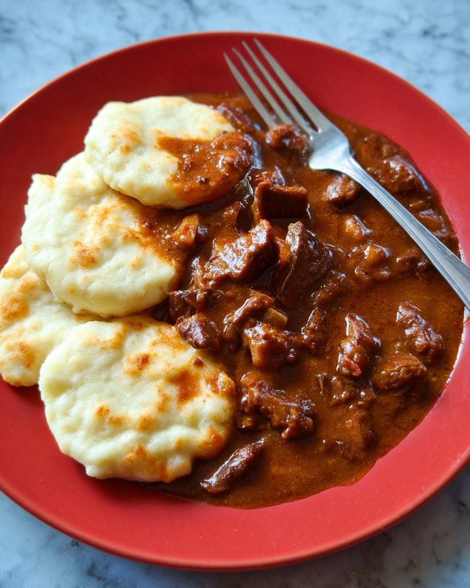 The dish shows a red plate holding two main layers: round, thick slices of pale beige dough dumplings on the upper half, with a smooth and slightly spongy texture, and a rich, dark brown stew covering the lower half and overlapping slightly onto the dumplings. The stew is thick with visible chunks of tender meat, having a glossy surface with some texture from the ingredients. A fork rests behind the plate on a white marbled surface. Photo taken with an iphone --ar 4:5 --v 7