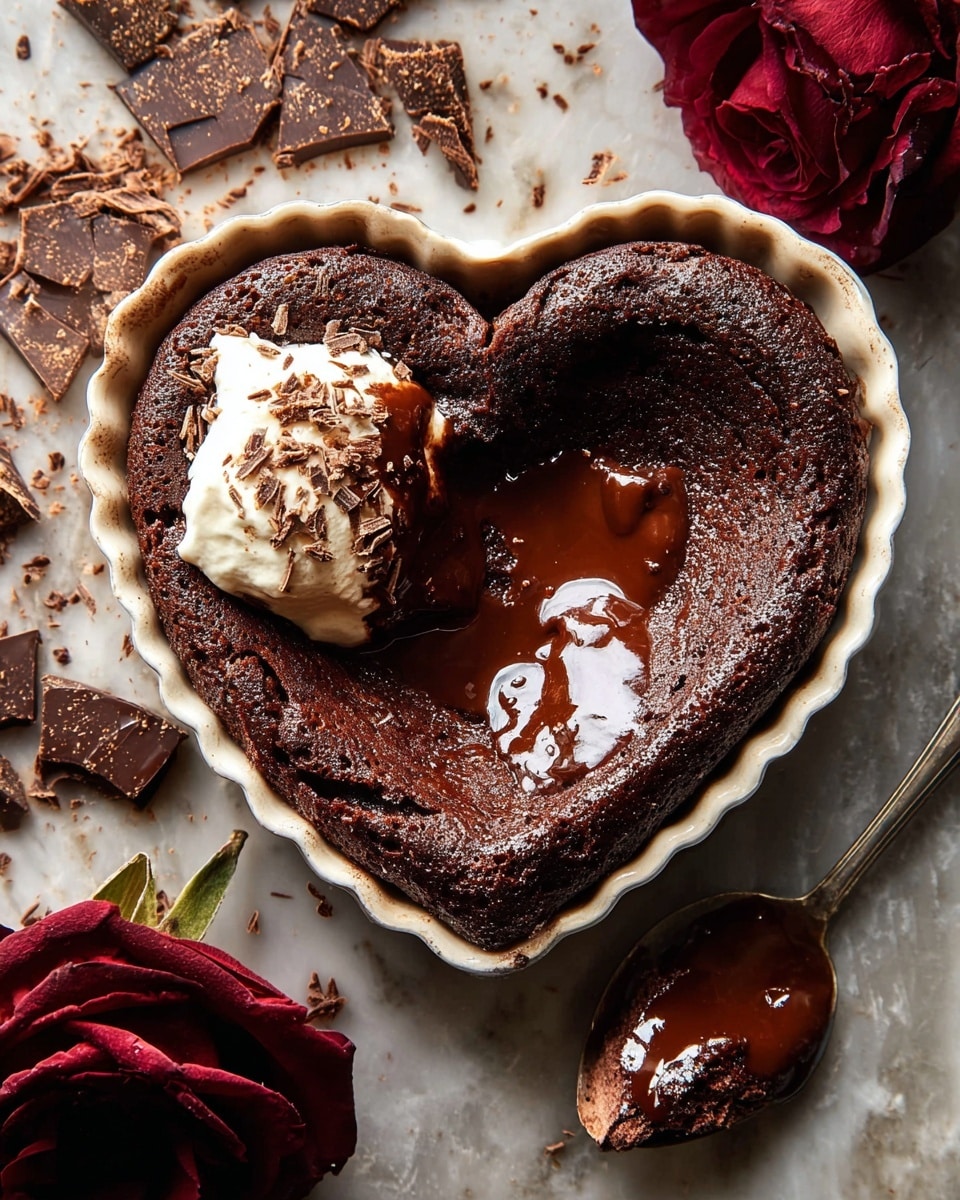 A heart-shaped chocolate cake with a slightly cracked, soft top layer is placed in a white, heart-shaped dish with a ridged edge. The cake surface is rich dark brown, with melted chocolate oozing from a small cut in the center and spreading around it. On top, to one side, there is a dollop of white cream with small grated chocolate pieces sprinkled over it. The dish sits on a white marbled surface scattered with chunks and shavings of dark chocolate, next to a deep red dried rose flower. A silver spoon with a piece of dark chocolate cake covered in melted chocolate is placed near the dish. photo taken with an iphone --ar 4:5 --v 7