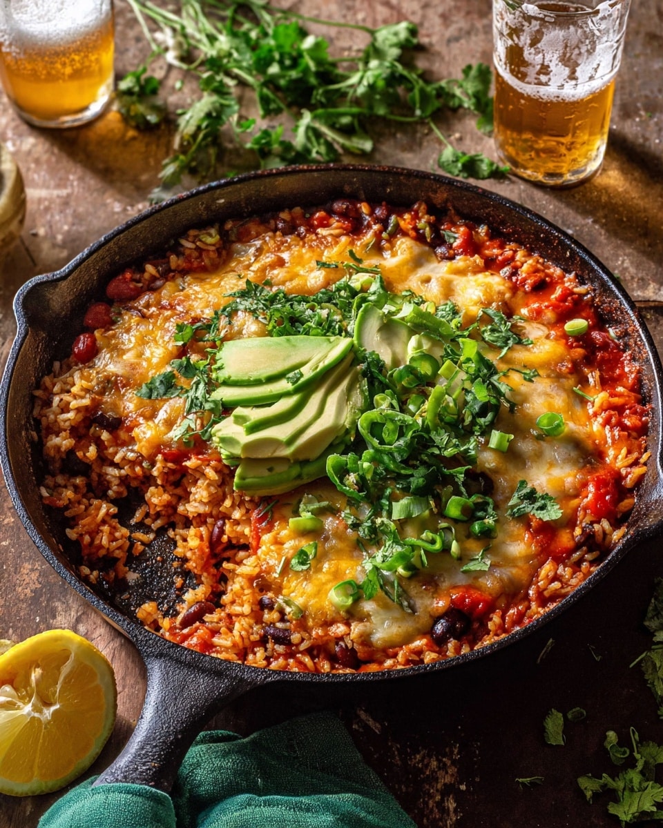 A black cast iron skillet filled with a baked rice casserole showing visible layers of orange melted cheese on top, soft cooked rice mixed with red tomato pieces and black beans underneath, and a layer of melted cheese beneath the rice. Half of the top is covered with chopped fresh green cilantro, sliced green onions, and thin slices of light green avocado. The skillet handle has a green cloth, and the dish sits on a rustic wooden surface with two clear glasses filled with amber and foamy beer, a sliced lime, and fresh green herbs around. Photo taken with an iphone --ar 4:5 --v 7