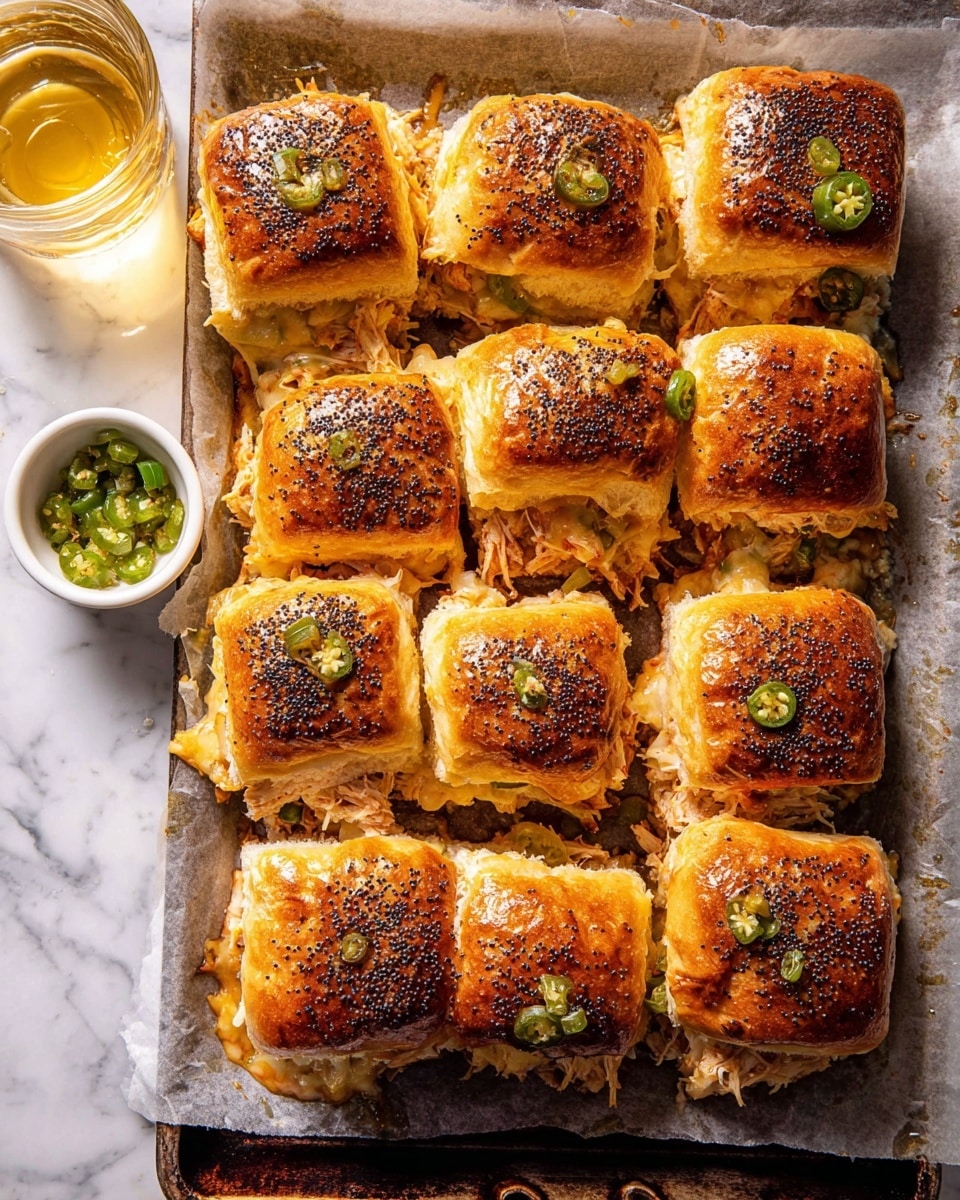 A tray with 12 golden-brown slider sandwiches arranged in a 3 by 4 grid on a piece of parchment paper over a white marbled surface. Each slider has a shiny, crispy top sprinkled with poppy seeds and small pieces of green jalapeño on some of the buns. The sliders appear to have melted cheese and shredded chicken oozing out from between soft, fluffy layers of bread. On the top left corner, there is a clear glass filled with a golden liquid, and at the left edge, a small white bowl containing chopped jalapeños in liquid. The sliders have a warm, inviting texture with gooey melted cheese visible under the bread toppers. photo taken with an iphone --ar 4:5 --v 7