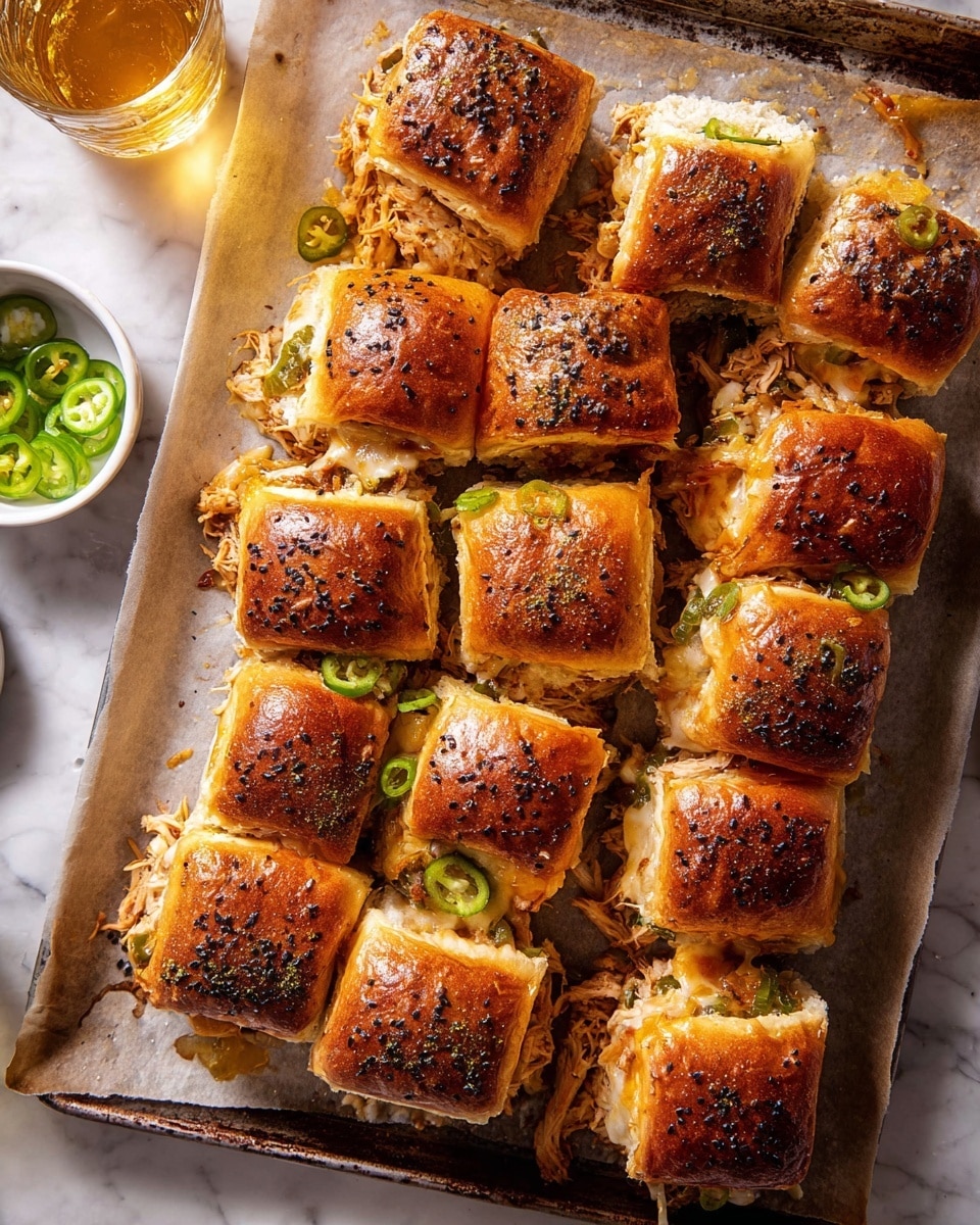 The image shows twelve square slider sandwiches arranged on parchment paper over a baking tray. Each slider has three visible layers: a shiny, golden-brown top bun sprinkled with black seeds and small green pepper slices, a middle layer of melted, gooey cheese mixed with shredded chicken and finely chopped greens, and a fluffy soft bottom bun. The cheese melts slightly over the edges, showing its stringy texture. Around the sliders, there are a few sliced green peppers and two small white bowls, one partially visible with more peppers in oil. Above the sliders is a clear glass filled with a golden beverage. The entire scene is set on a white marbled surface. photo taken with an iphone --ar 4:5 --v 7