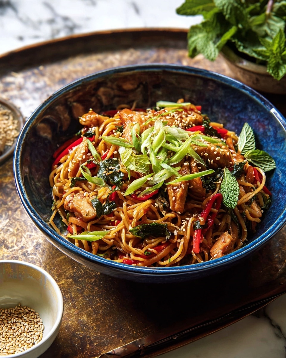 A deep blue bowl filled with a colorful mix of stir-fried noodles, tender pieces of light brown chicken, and slices of red chili peppers; the noodles are glossy and coated with sauce, sitting at the bottom and middle layers. On top, thin slices of bright green scallions and fresh green mint leaves add a fresh touch, sprinkled with small, light tan sesame seeds. The bowl is placed on a rustic dark tray with another white bowl of sesame seeds and mint leaves visible nearby, all set against a white marbled surface. Photo taken with an iphone --ar 4:5 --v 7