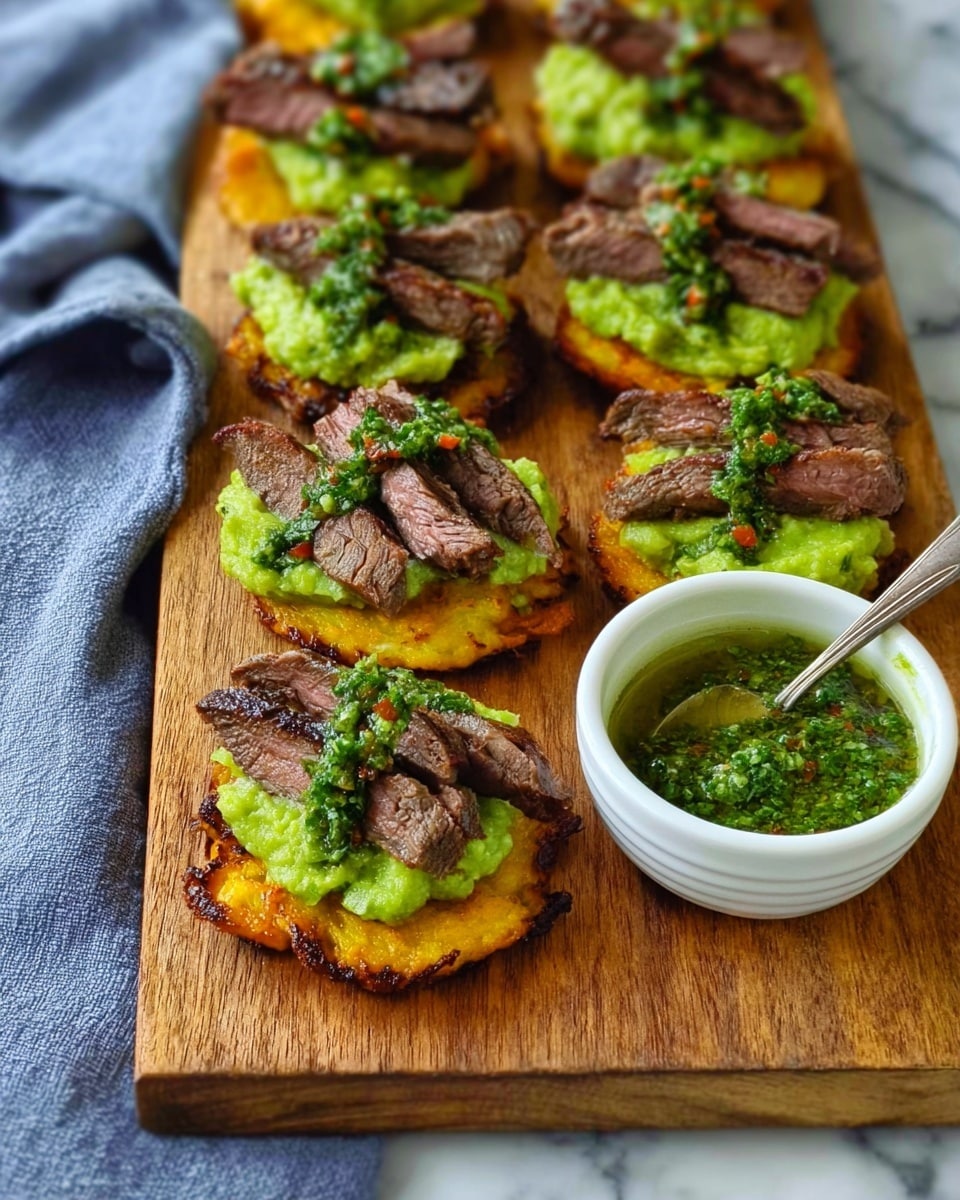 The image shows multiple small, round, crispy golden-brown patties as the base layer, each topped with a thick layer of bright green guacamole that has a smooth, creamy texture. On top of the guacamole, there is a strip of grilled steak with visible sear marks, adding a dark brown and slightly charred texture. Some of the steak strips are garnished with a spoonful of green chimichurri sauce, which looks fresh and finely chopped with herbs, red chili flakes, and oil. The patties and toppings are arranged on a wooden board. Next to them, there is a white cup filled with more chimichurri sauce with a small spoon inside it. The whole setup sits on a white marbled surface with a blue-gray cloth partially visible in the background. Photo taken with an iphone --ar 4:5 --v 7